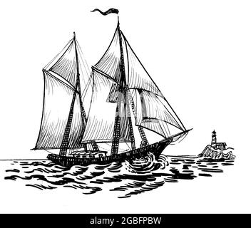 Sailing boat and lighthouse. Ink black and white drawing Stock Photo ...