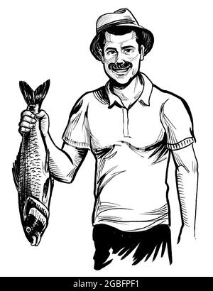 Man Fishing Rod Ink Black White Drawing — Stock Photo