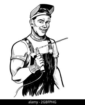 Industrial steel welder. Ink black and white drawing Stock Photo