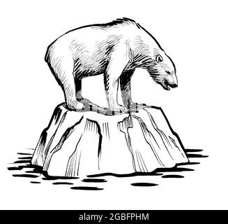 Polar bear on an iceberg. Ink black and white drawing Stock Photo - Alamy