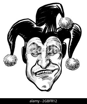 Mad jester. Ink black and white drawing Stock Photo