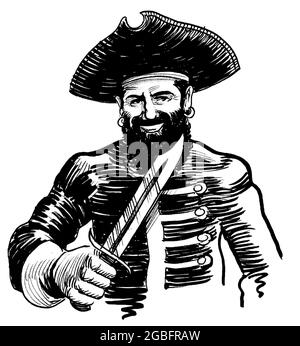 Bearded pirate character. Ink black and white drawing Stock Photo - Alamy