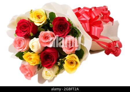 Multicolor Rose Flower Bouquet Isolated On White Background With Clipping Path Stock Photo