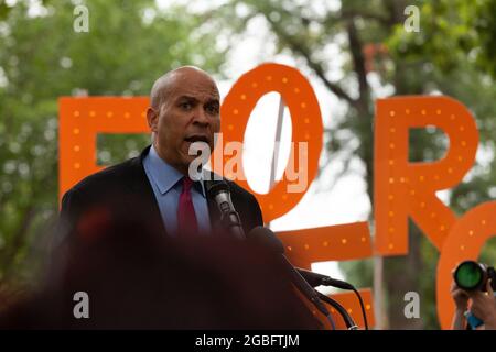 Washington, DC, USA, 3 August, 2021.  Pictured: Senator Cory Booker (D-NJ) speaks at the Recess Can Wait protest at the United States Capitol.  150 state senators and representatives from 30 states attended the rally to show their support, including the Texas Democrats who have broken quorum to prevent passage of voting restrictions in their state.  Credit: Allison Bailey / Alamy Live News Stock Photo