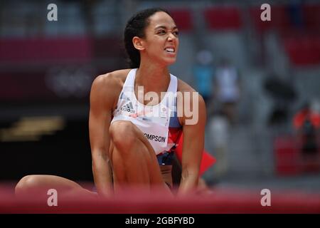 Britain's Katarina Johnson-Thompson reacts during the high jump contest, second event on the first day of the women's heptahlon on day 13 of the 'Toky Stock Photo