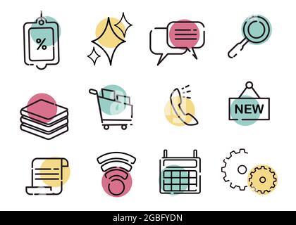 on line shopping icon likes calculator, phone, basket, notes, price list that colored yellow green and red Stock Vector
