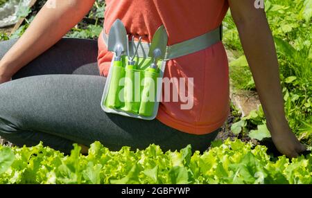 set of gardening tools on a womens belt. devices for cultivating the land in the beds. 