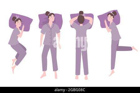 the various of four woman sleeping position with purple pajamas and their purple pillows makes relax and comfort Stock Vector