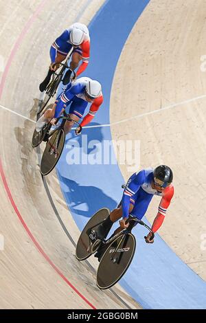 Izu, Japan. 03rd Aug, 2021. Cycling/Track: Olympics, men's team sprint, 1st round, at the Izu Velodrome. Florian Grengbo (front to back), Sebastien Vigier and Rayan Helal of France in action. Credit: Sebastian Gollnow/dpa/Alamy Live News Stock Photo