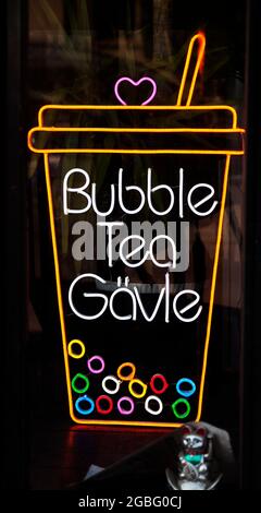 Gavle, Norrland Sweden - July 13, 2021: neon sign advertising tea with bubbles Stock Photo
