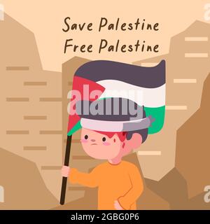 child with flag of save palestine and free palestine that colored black white green and red in the brown background Stock Vector