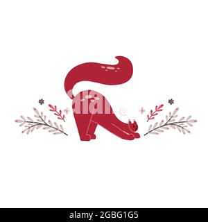 Cute coral stretching cat with flowers and branches with leaves. Delicate flat illustration of a pet with a floral pattern on white background. Vector Stock Vector