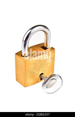 Brass Lock With Key Isolated On White Background With Clipping Path Stock Photo