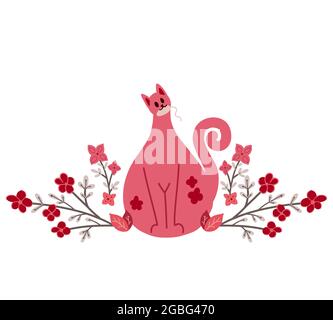 Cute pink cat with mouse toys and flowers on the branches. Delicate flat illustration of playing pet with floral pattern on a white background. Vector Stock Vector
