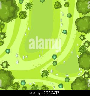 Hilly lawn in the forest. View from above. Countryside rural landscape. Green foliage of trees and shrubs. Top view. Background illustration in Stock Vector