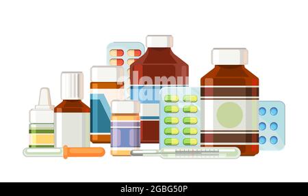 Medicines. Still life with bottles, tablets, capsules, Pipette, thermometer.. Medicinal drugs. Pharmaceuticals. First aid kit. Pharmacy. Isolated Stock Vector