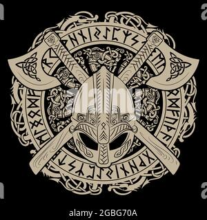 Viking helmet, crossed viking axes and in a wreath of Scandinavian pattern and Norse runes Stock Vector