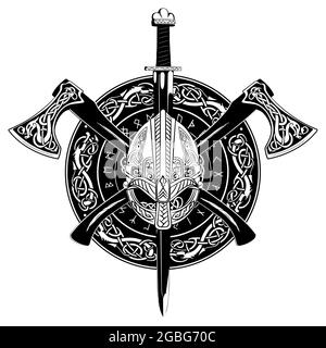 Viking helmet, crossed viking axes and in a wreath of Scandinavian pattern and viking shield Stock Vector