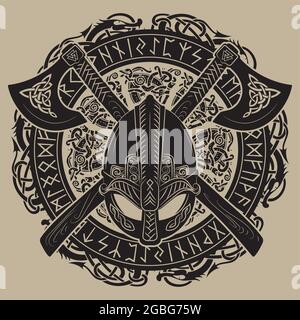 Viking helmet, crossed viking axes and in a wreath of Scandinavian pattern and Norse runes Stock Vector