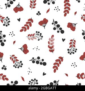 Autumn leaves and berries. Black and red elements on white background. Vector hand drawn seamless pattern Stock Vector