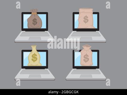Collection of four laptop with a sack of money. Concept of online banking or earning money. Flat isolated vector illustration. Stock Vector