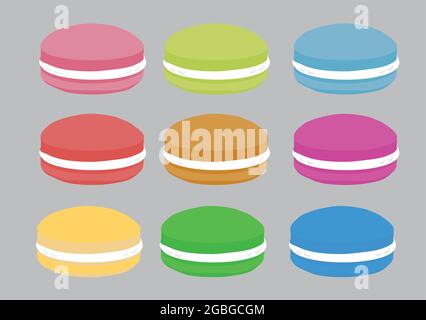 A set of nine macaron in different colors. Vector illustration. Stock Vector