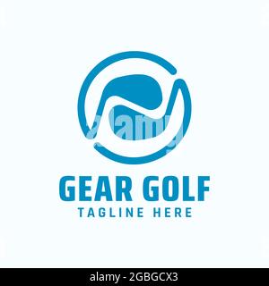 Gear golf logo with circular blue stick golf shape isolated on white color background. Vector design template suitable for training sport company, gol Stock Vector