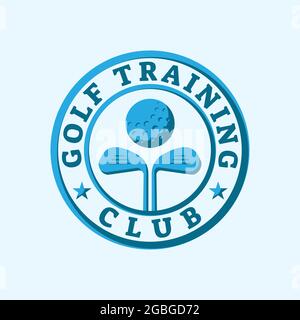 Golf Training Club Stamp Seal Emblem Logo with Stars, ball and stick shape design element.  Vector design template. Blue, cyan color identity. Stock Vector