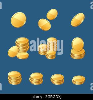 Golden coins, gold or cash money 3d icons set Stock Vector