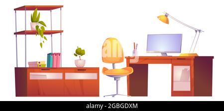 Office or home workplace with desk, monitor, chair Stock Vector