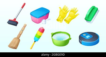 Cleaning icons with broom and vacuum cleaner Stock Vector