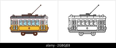 Tram coloring page for kids. Tram side view Stock Vector