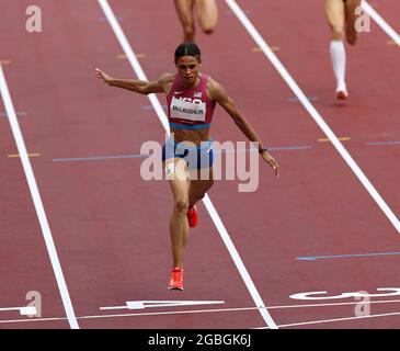 Gold medalist Sydney McLaughlin of the USA wins the Women's 400m Hurdles Finals with a new world record time of 51.46 at the Athletics competition during the Tokyo Summer Olympics in Tokyo, Japan, on Wednesday, August 4, 2021. Photo by Giuliano Bevilacqua/ABACAPRESS.COM Stock Photo