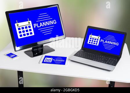 Planning concept shown on different information technology devices Stock Photo