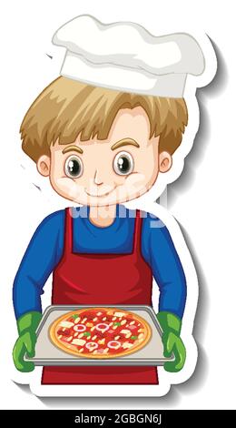 Sticker design with chef boy holding pizza tray illustration Stock Vector