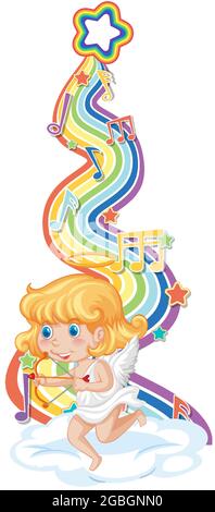 Cupid girl with melody symbols on rainbow wave illustration Stock ...