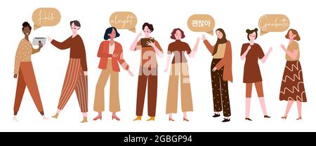 some woman from multi ethnic in a community with brown dress are learning multi language vocabulary in the world Stock Vector