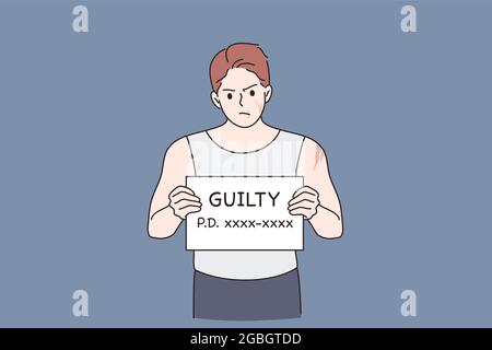 Criminal avatar, Robber, thief, bandit photo. Man cartoon character standing beside wall with black board in hand and word guilty looking at camera vector illustration Stock Vector