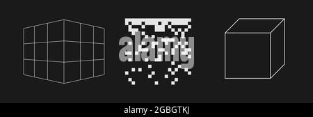 Set of retrofuturistic grid cube, pixel pattern, and geometry cube. Collection of rectangular shapes in cyberpunk 80s style. Cyber retrowave design Stock Vector