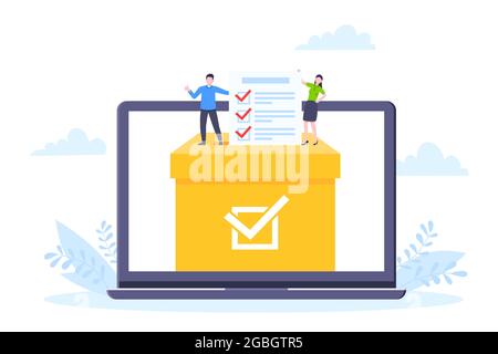 Online voting concept flat style design vector illustration. Tiny people with voting poll online survey working together. Stock Vector