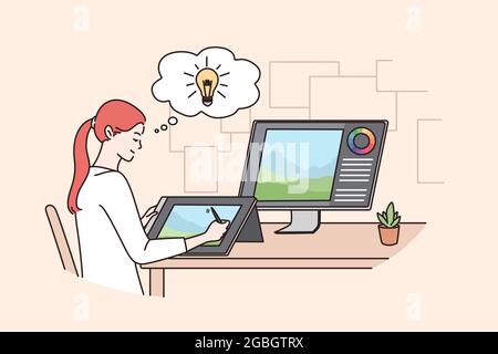 Having creative work idea concept. Young caucasian positive woman designer sitting at laptop with great ideas in head and light bulbs above vector illustration  Stock Vector