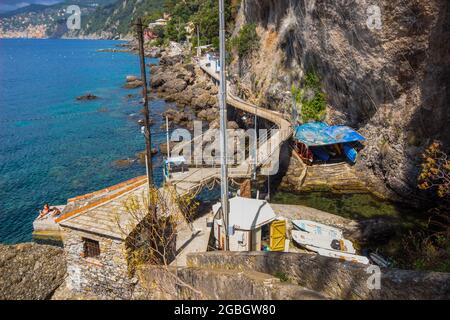 View of Pidocchio Port beside Punta Chiappa, near Camogli, Genoa Province in the Portofino Mount area, Italy Stock Photo