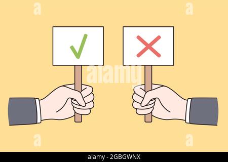 Correct and incorrect signs concept. Hands of people holding signs with green mark approval and red denying symbol over yellow background vector illustration  Stock Vector
