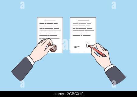 Official Notarization of documents concept. Hands of notary holding stamp and making signature on papers on blue background isometric vector illustration, top view  Stock Vector