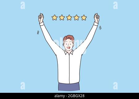 Business rating, success, reaching goal concept. Young smiling businessman cartoon character standing feeling happy with five stars rating above vector illustration  Stock Vector