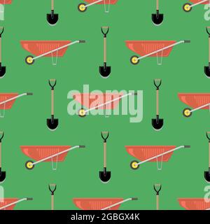 Red Wheelbarrow and Garden Shovel Isolated on Green Background. Seamless Pattern Stock Vector
