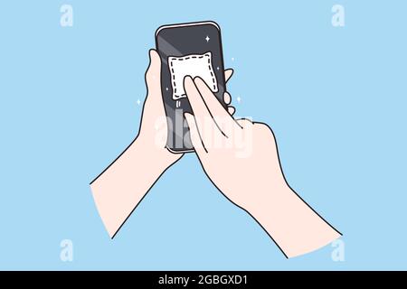 Dirty screen and microbes concept. Human Hand holding and cleaning mobile phone screen with napkin over blue background vector illustration Stock Vector