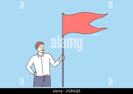 Winner, success, Business reaching goal concept. Young smiling businessman cartoon character standing holding red flag in hands feeling happy Stock Vector