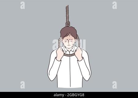 Depression, thinking of suicide concept. Sad depressed young businessman thinking about suicide by hanging having suicidal thoughts vector illustration  Stock Vector