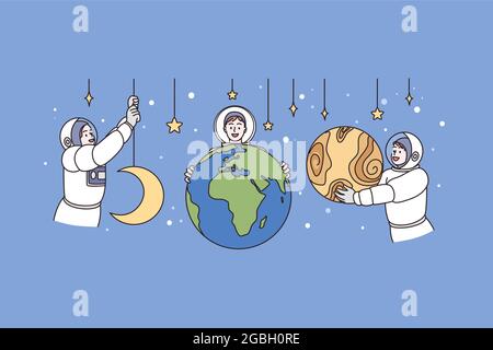 Working as astronaut and universe concept. Young men astronauts in working uniform holding planets and stars embracing universe vector illustration  Stock Vector